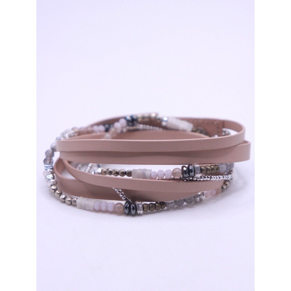 Stella & Dot Wrap Beaded Bracelet Beige White Gold Leather Snap Closure 15”